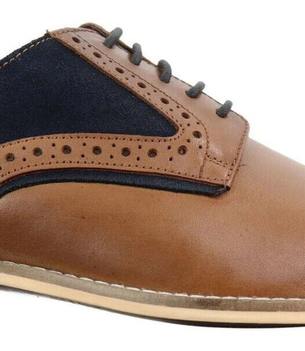 Mens Classic Navy Suede Oxford Brogue Derby Shoes In Tan Leather
