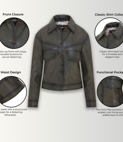 Womens Vintage Classic Lamb Leather Collared Biker Jacket - Olive