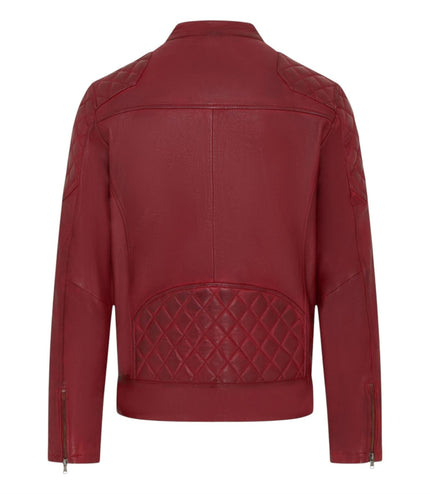 Mens Red Leather Quilted Shoulder Biker Jacket - Rock