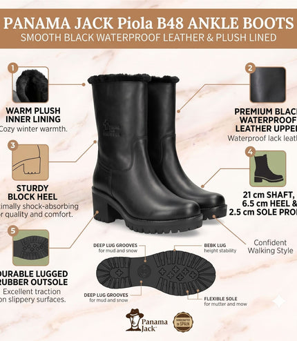 Panama Jack Women's Black Leather Waterproof Warm Heeled Boots - Piola B48