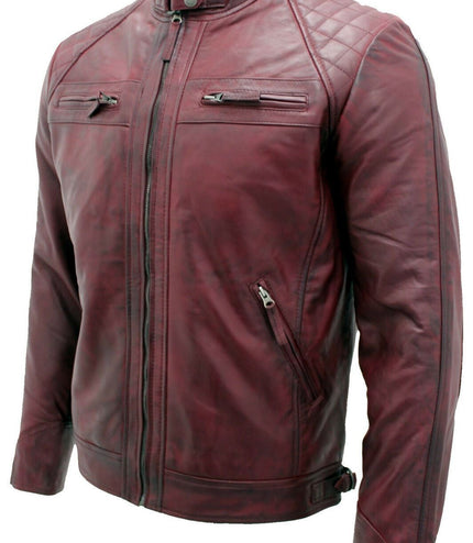 Men's Vintage Leather Quilted Biker Jacket-Monaco - Burgundy