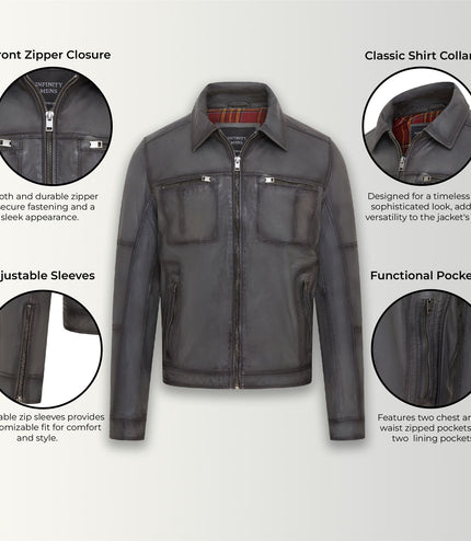Men's Vintage Classic Short Soft Leather Biker Jacket - Grey