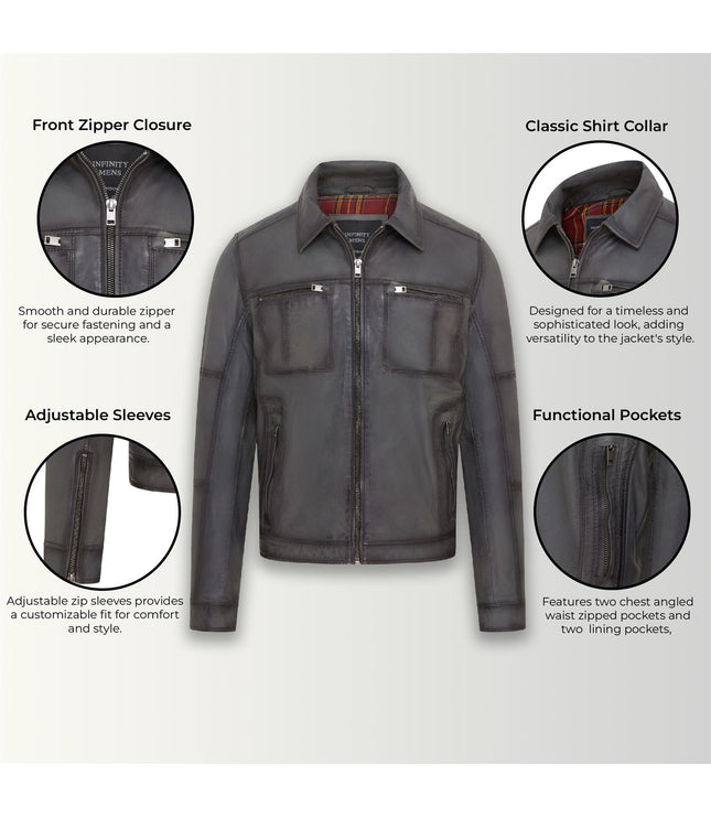 Men's Vintage Classic Short Soft Leather Biker Jacket - Grey