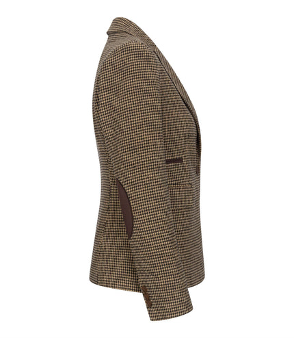 Women's Tailored Brown Dogtooth Wool Blend Tweed Blazer