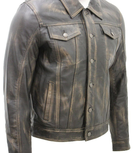 Men's Retro Leather Trucker Jacket-Constantine - Vintage Black