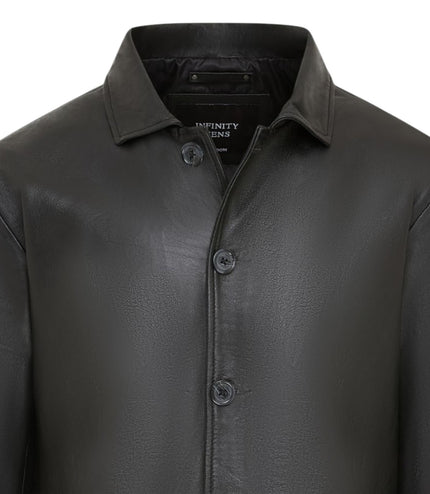 Men's Black Leather Long Collared Car Coat Jacket - Berry