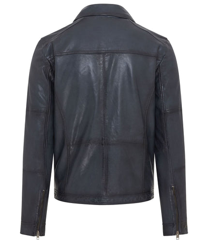 Men's Vintage Classic Short Soft Leather Biker Jacket - Navy