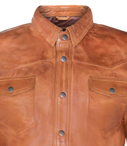 Mens Retro Leather Shirt Jeans Jacket-Beijing - Tan