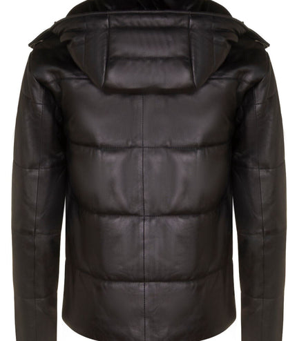 Mens Puffer Leather Bomber Jacket-Augsburg - Black