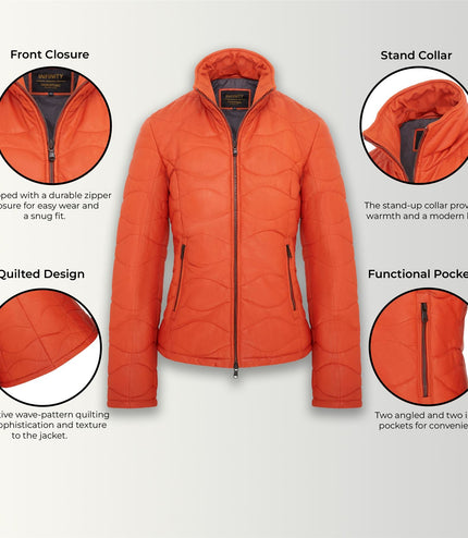 Womens Puffer Warm Quilted Leather Bomber Jacket - Orange