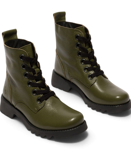 Fly London Womens Military Green Leather Lace-Up Heeled Ankle Boots - RAMY488