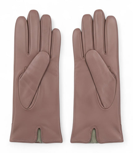 Womens Nude Beige Italian Leather Winter Button Design Soft Wool Lining Gloves - L-GLV-501