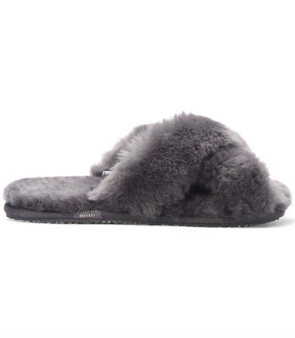 Women's Sheepskin Slippers Grey Warm Winter Fur Crossover - Snowbelle