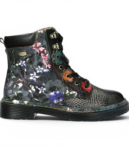 Laura Vita Women's Gothic Victorian Floral Black Leather Lace-Up Boots - Incaso-39