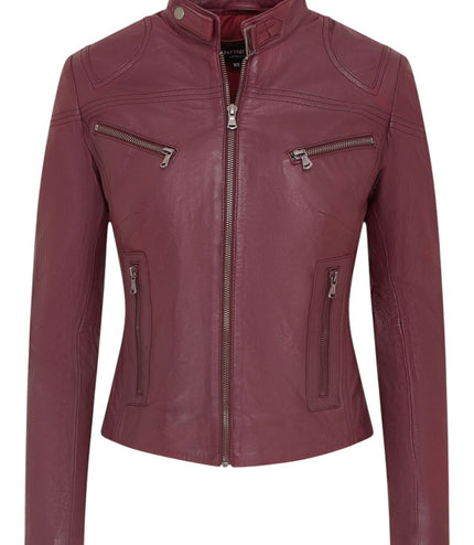 Womens Slim-Fit Leather Biker Jacket-Maldon - Burgundy