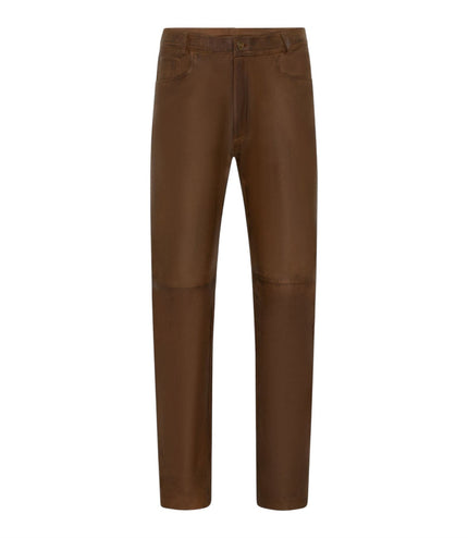 Mens Brown Lamb Leather 501 Biker Jeans - Istanbul