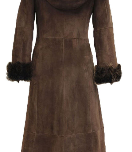 Womens Suede Toscana Sheepskin Hooded Trench Coat-Rushden - Brown Gold
