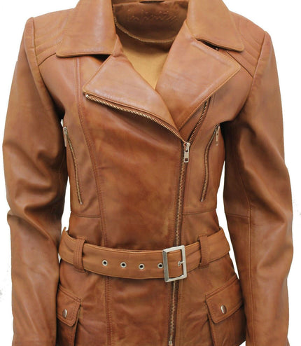 Womens Long Leather Biker Jacket-Quito - Tan
