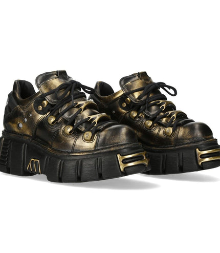 New Rock Golden Black Leather Gothic Platform Ankle Boots - M-120N-C21