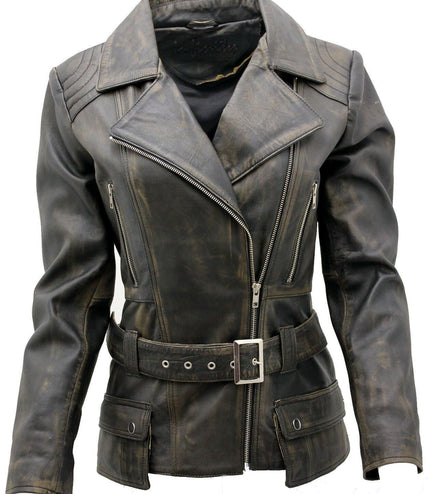 Womens Long Leather Biker Jacket-Quito - Vintage Black