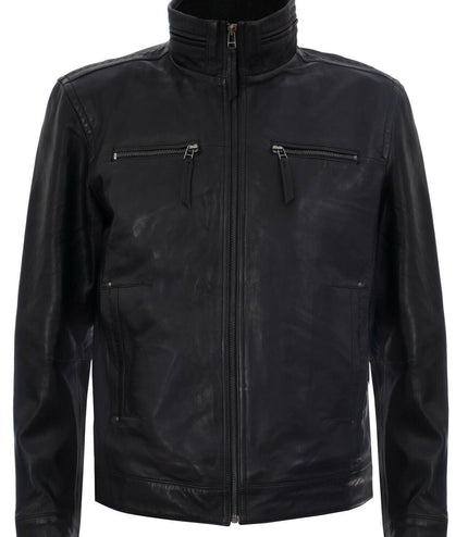 Mens Classic Leather Biker Jacket-Caracas - Black