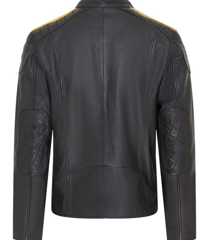 Men's Classic Quilted Black Yellow Leather Biker Jacket - Meridian