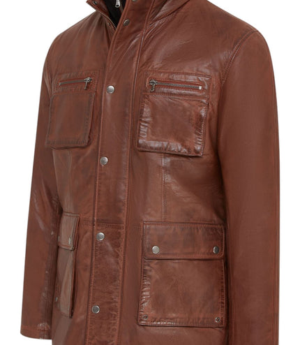 Men's Leather Military Jacket Outwear Trenchcoat - Field - Tan