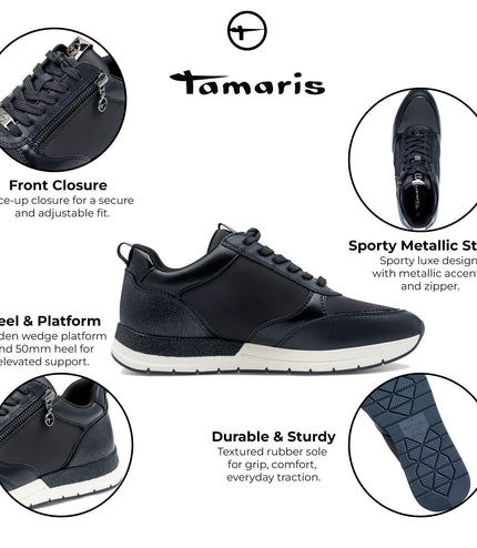 Tamaris Womens Navy Blue Fashion Lace-Up Zipped Sneakers Trainers