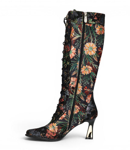Laura Vita Women's Black Victorian Floral Leather Knee-High Heeled Boots - Oanelo-02