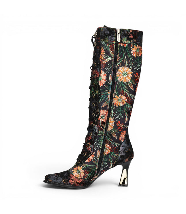 Laura Vita Women's Black Victorian Floral Leather Knee-High Heeled Boots - Oanelo-02