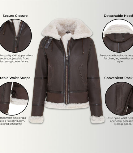 Womens Creck Brown Hooded Sheepskin Flying Leather Jacket-Palermo