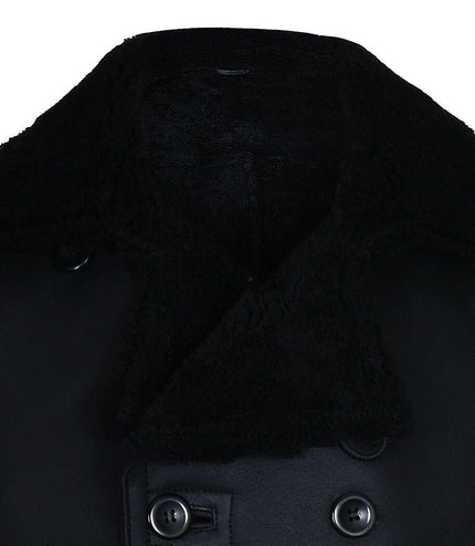 Mens Double Breasted Shearling Sheepskin Pea Coat-Valencia - Black