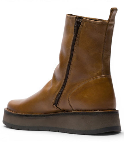 Fly London Womens Tan Leather Zip Up Platform Ankle Boots - RENO053FLY
