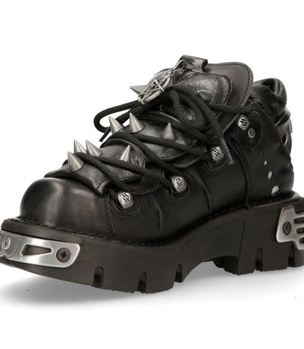New Rock Black Leather Spiked Ankle Boots - 110-S1