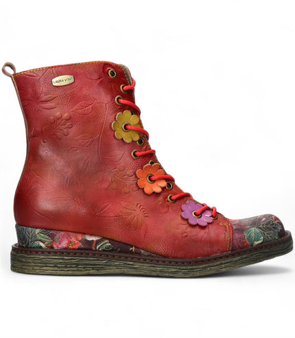 Laura Vita Ercnaulto 212 Red Floral Womens Gothic Victorian Leather Ankle Heeled Boots