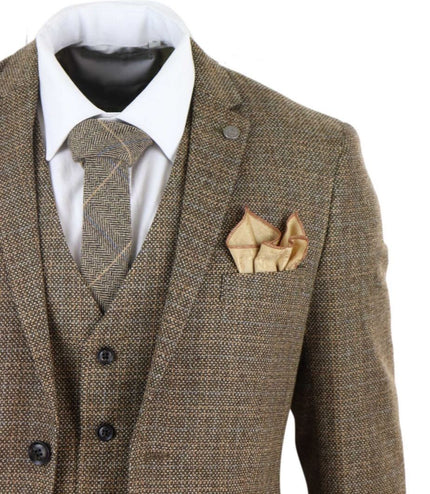 Mens 3 Piece Brown Tweed Check Vintage Retro Suit