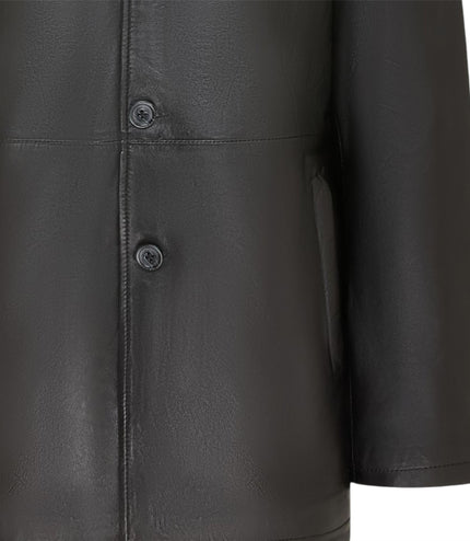 Men's Black Leather Long Collared Car Coat Jacket - Berry