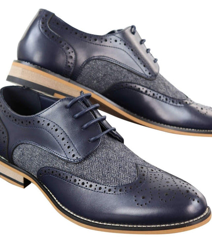 Mens Classic Oxford Tweed Brogue Shoes In Navy Leather