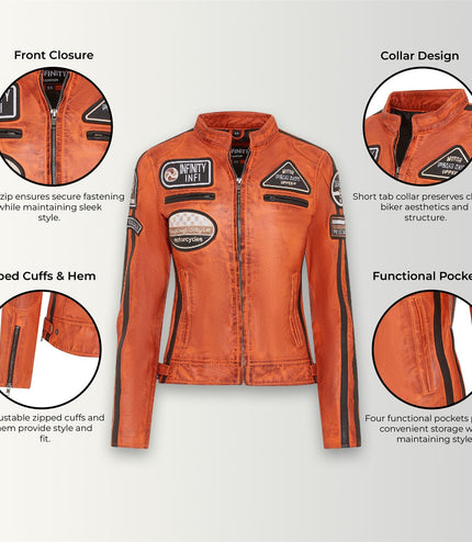 Womens Biker Racing Badges Leather Jacket-Eastleigh - Orange