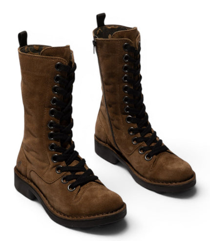 Fly London Women’s Brown Leather Lace-Up Combat Ankle Boots- NOLE176