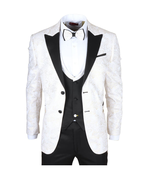 Men's 4 Piece White Paisley Wedding Suit Tailor Fit