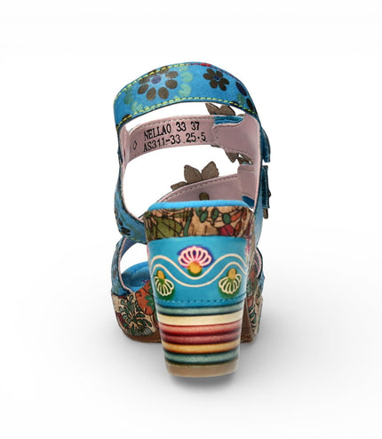 Laura Vita Women's Nellao 33 Blue Floral Leather Wedge Heel Espadrille Sandals