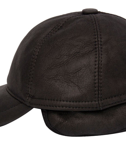 Mens Real Sheepskin Baseball Cap Black Leather Shearling Snapback Winter Hat