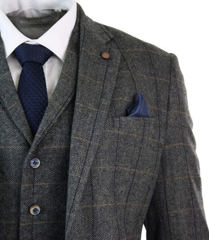 Mens 3 Piece Charcoal Grey Check Tweed Herringbone Vintage Classic Suit