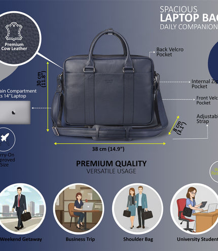 Genuine Leather Navy Laptop Business Briefcase Office Work Travel Bag - Sutton