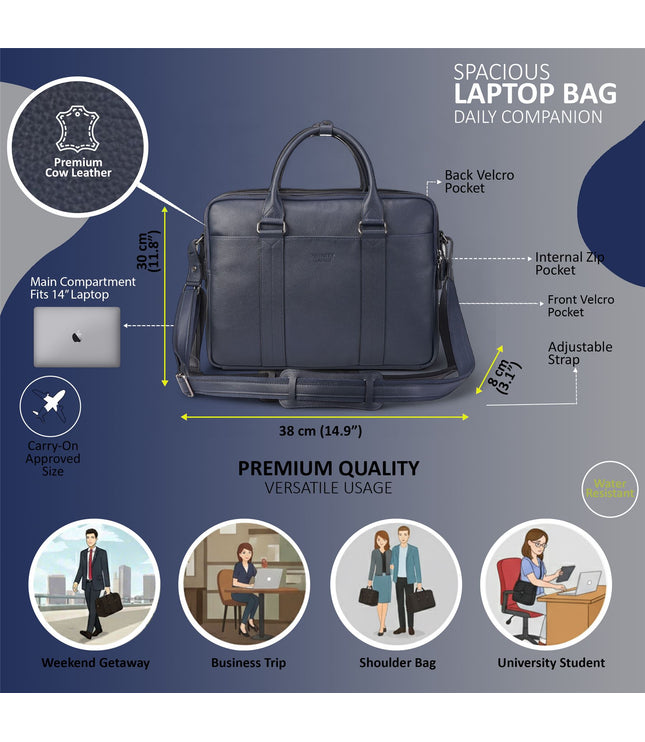 Genuine Leather Navy Laptop Business Briefcase Office Work Travel Bag - Sutton