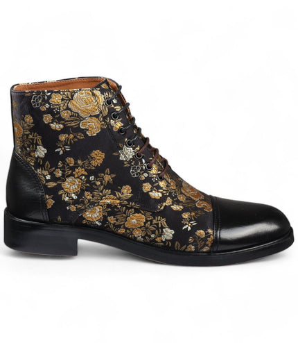 Justin Reess Men's Black Floral Print Leather Oxford Ankle Boots - Adam