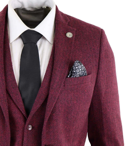 Mens 3 Piece Wine Herringbone Wool Tweed Retro Suit