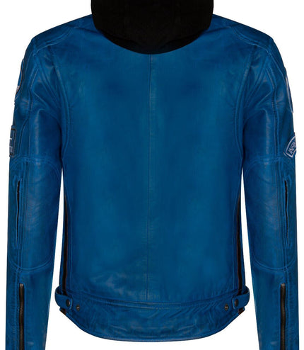 Mens Racing Hooded Leather Biker Jacket-Detroit - Blue