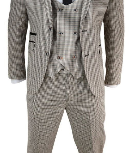 Mens 3 Piece Beige Check Retro Vintage Classic Suit